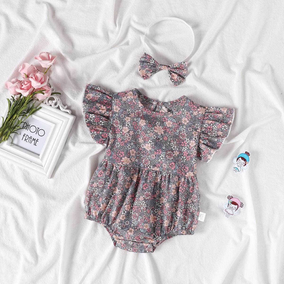2-Piece Set Of Ruffles And Headband Jumpsuit With Ruffle Sleeves Printed Floral Baby Girl Summer Dress - Mubimart