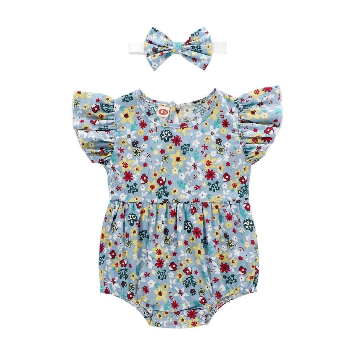 2-Piece Set Of Ruffles And Headband Jumpsuit With Ruffle Sleeves Printed Floral Baby Girl Summer Dress - Mubimart