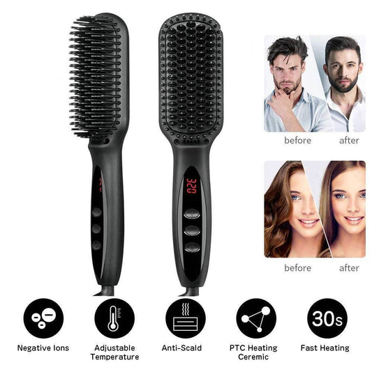 2 in1 Hair Straightener Brush Heating Beard Clip Comb Styler Electric Ionic Straightening Brush - Mubimart