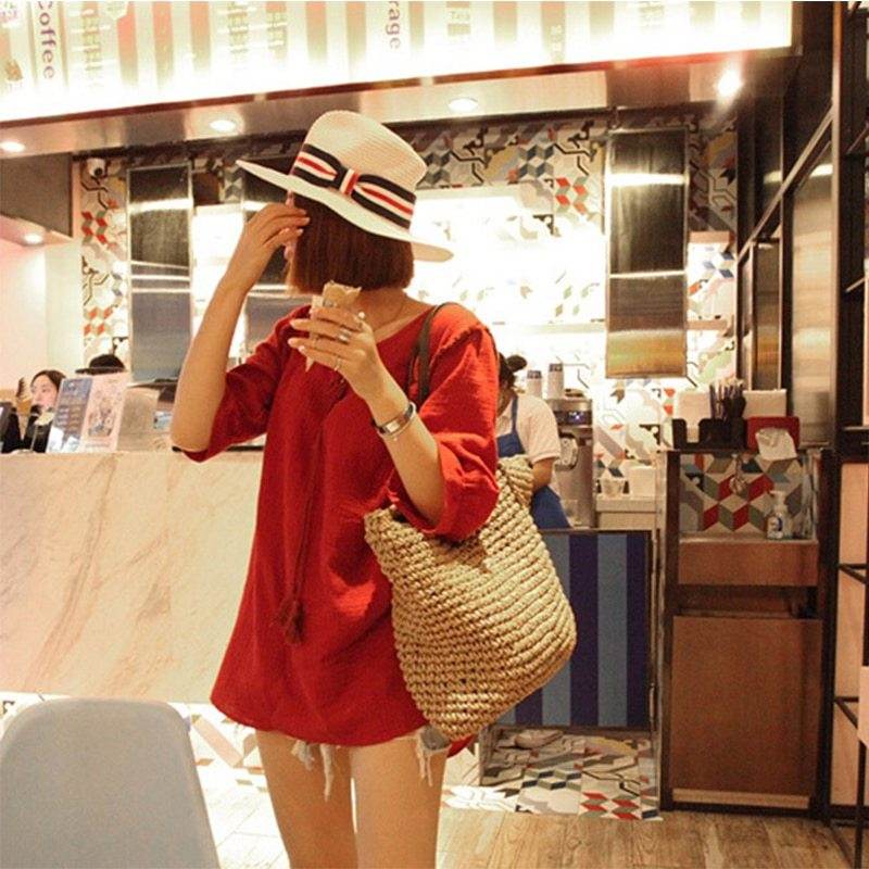 Women Handbag Summer Beach Bag Rattan Woven Handmade Knitted Straw Large Capacity Totes Leather Women Shoulder Bag Bohemia New - Mubimart