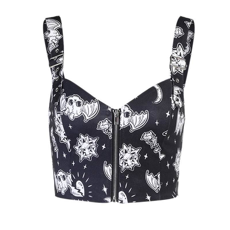 Zipper Printed Camisole Top Spring and Summer Sexy Camisole - Mubimart