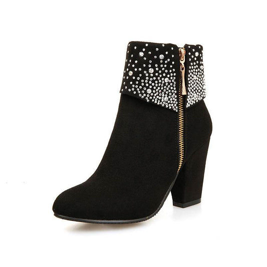Rhinestone nubuck short heel women boots - Mubimart