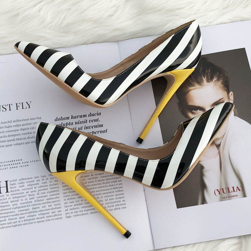 Striped patent leather point-toe pumps - Mubimart