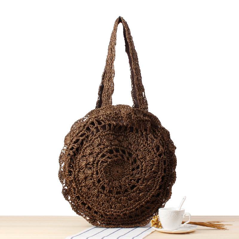 Round Straw Bags Women Summer Rattan Bag Handmade Woven Beach Cross Body Bag - Mubimart