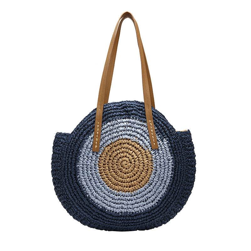 Round Straw Bags Women Summer Rattan Bag Handmade Woven Beach Cross Body Bag - Mubimart