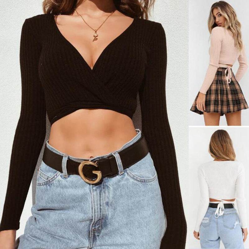 Sexy Women Ladies Summer Slim Crop Tops Long Sleeve T Shirt Casual Solid V Neck Knitted Short Tops - Mubimart