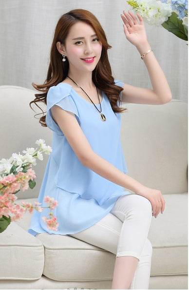 New Summer Women Blouse Loose Shirt O-Neck Chiffon Blouse Female Short Sleeve Blouse Plus Size 5XL Shirts Tops - Mubimart