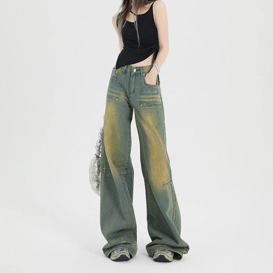 Washed-out Vintage Straight Jeans For Women - Mubimart