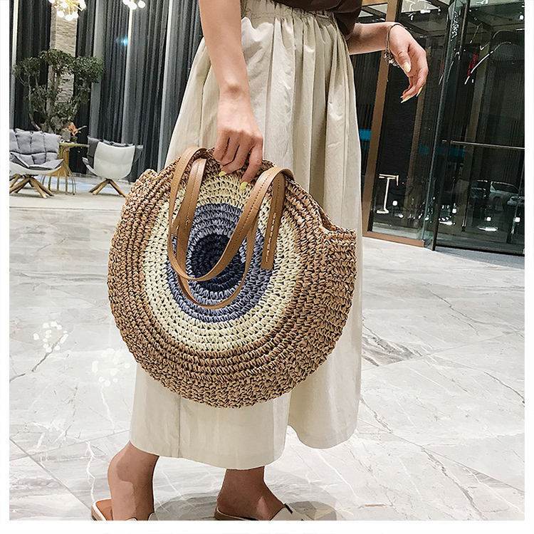Round Straw Bags Women Summer Rattan Bag Handmade Woven Beach Cross Body Bag - Mubimart