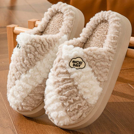 Fashion Color-matching Home Slippers Non-slip Couple House Shoes Winter Warm Floor Bedroom Slipper For Women Men - Mubimart