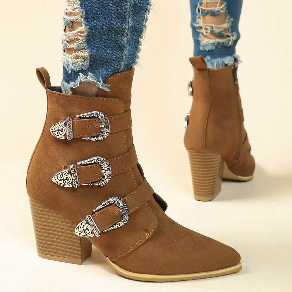 Chunky Heel Pointed Toe Boots With Belt Buckle Design Retro Mid-calf Boot Fashion Fall Winter Shoes For Women - Mubimart