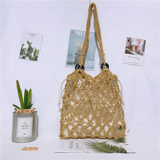 Women One Shoulder Hand Straw Beach Bag - Mubimart