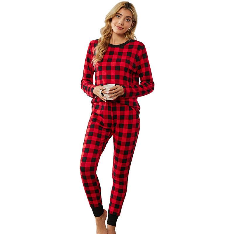Christmas Long-sleeved Trousers Loungewear Suit Plaid Contrast Color Home Pajamas For Women - Mubimart