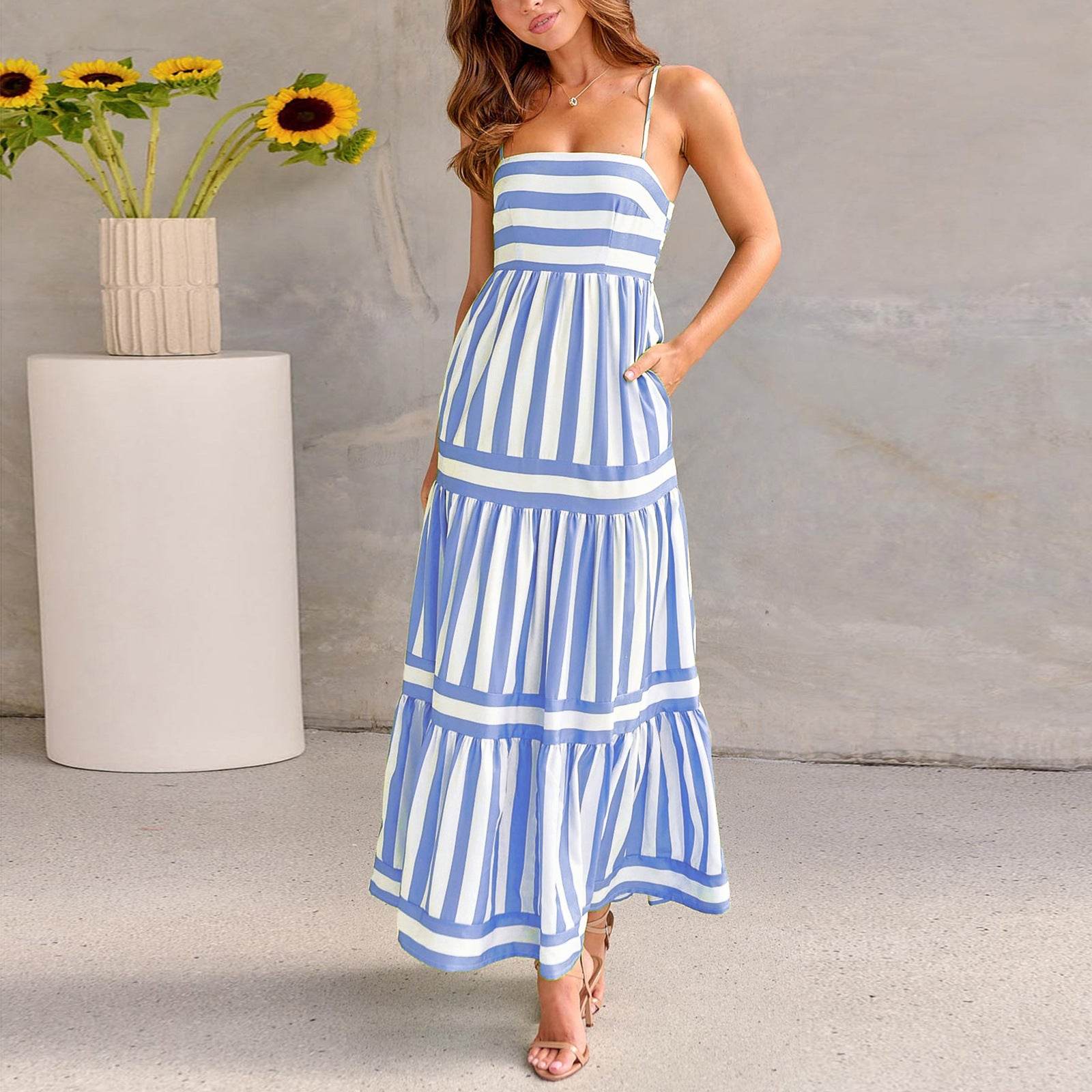 Summer Striped Printed Suspender Long Dress With Pockets Fashion Square Neck Backless Dresses For Beach Vacation Women Clothing - Mubimart