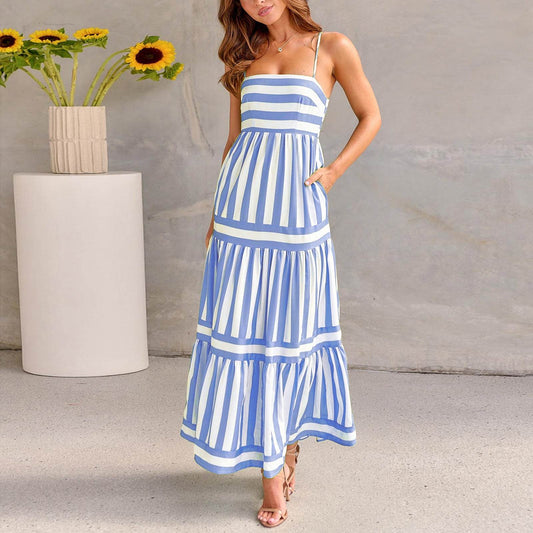 Summer Striped Printed Suspender Long Dress With Pockets Fashion Square Neck Backless Dresses For Beach Vacation Women Clothing - Mubimart