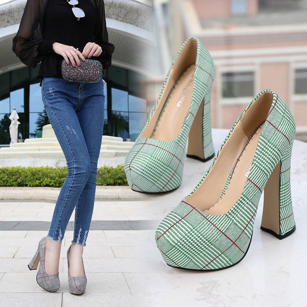 High heels waterproof platform houndstooth - Mubimart