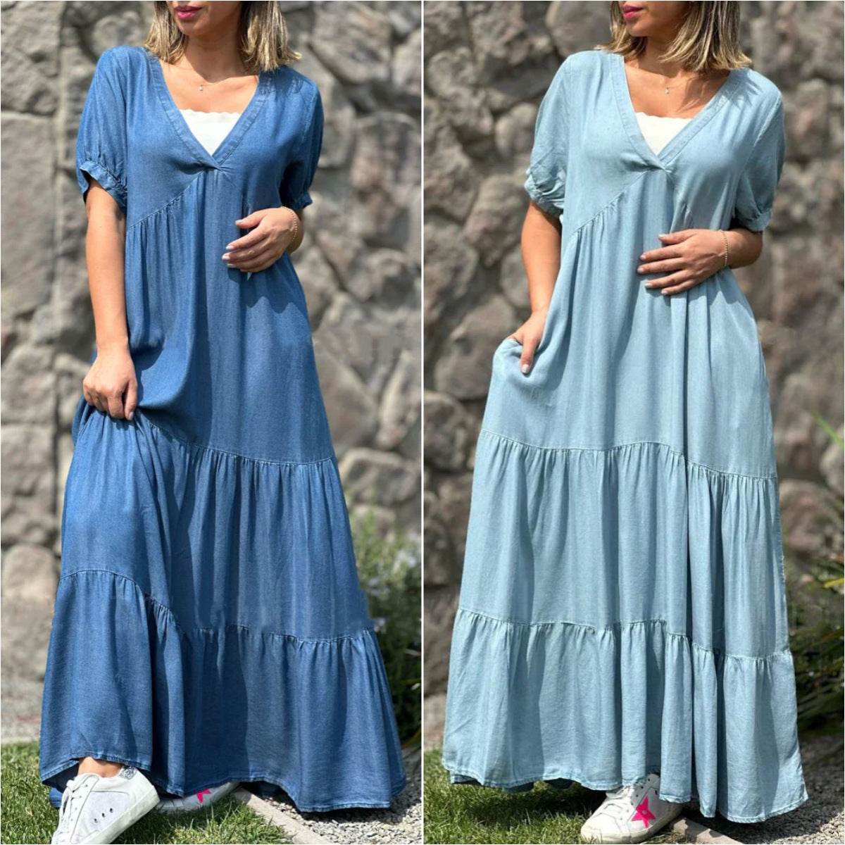 European And American Plus Size Women's Clothes Faux Denim Solid Color And V-neck Long Dress - Mubimart