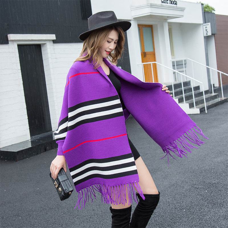 Striped fringe shawl - Mubimart