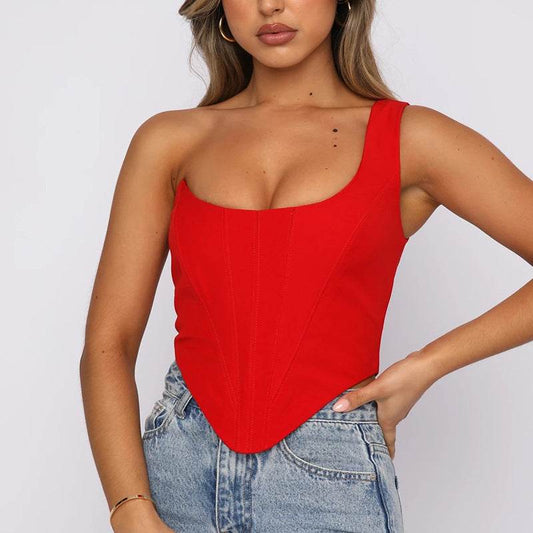 ExplosiveSlanted Shoulder Satin Fishbone Off-the-shoulder Corset Top - Mubimart