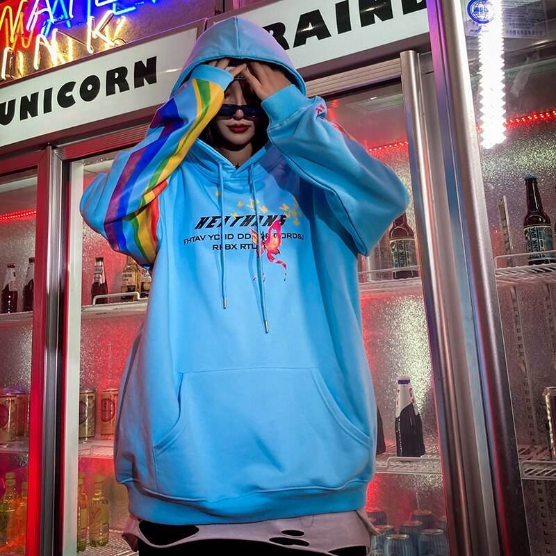 Hip Hop Rainbow Mens Streetwear Hoodie Sweatshirt Butterfly Print Pullover Cotton Casual Hooded Sweatshir Hipster Colorful - Mubimart