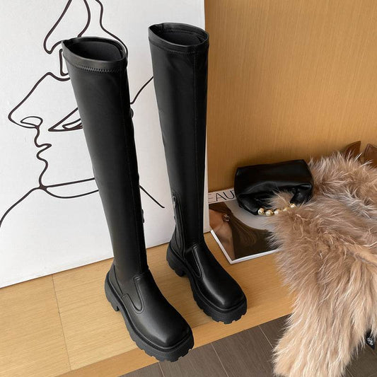 Leather Platform Elastic Over-the-knee Boots - Mubimart