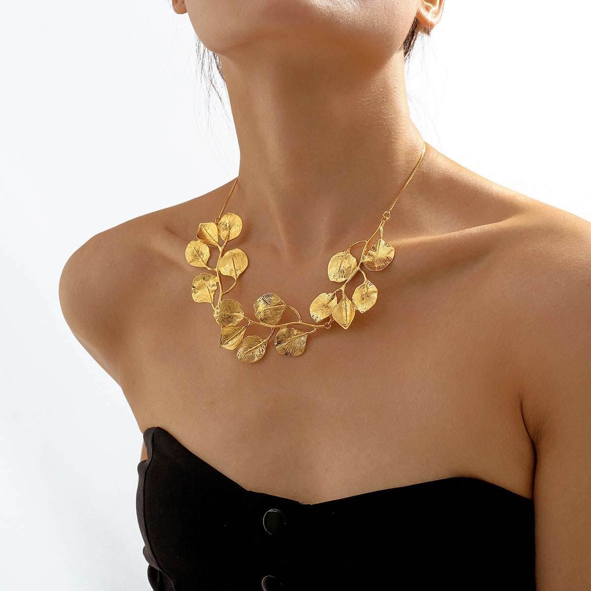 2025 Earring Necklace Luxury Metal Leaf Earrings Choker For Women Personality Jewelry Gift - Mubimart