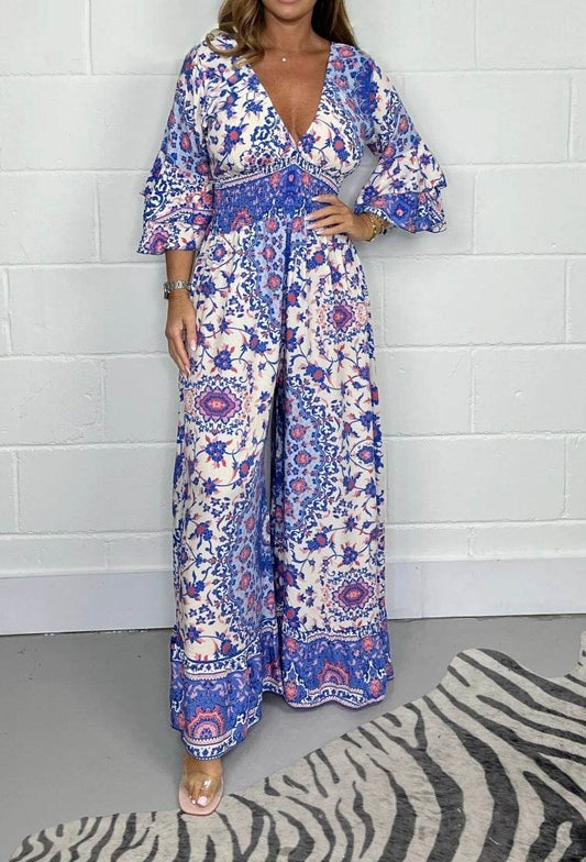 V-neck Printed Jumpsuit Plus Size Casual Jumpsuit - Mubimart