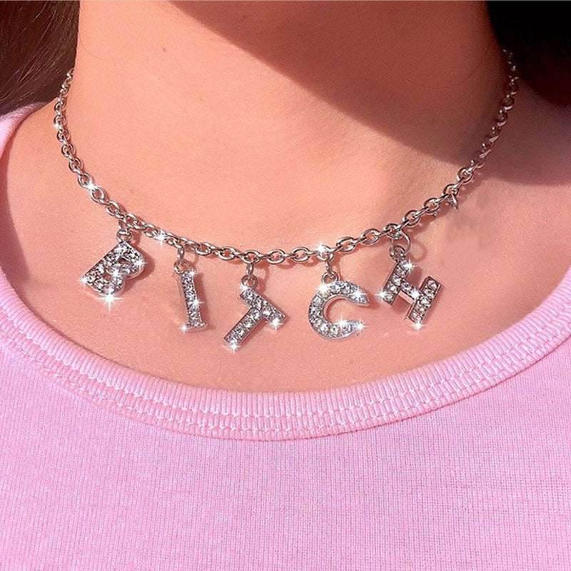 Fashion Bitch Angel Baby Daddy Rhinestone Letter Necklace Choker For Women - Mubimart