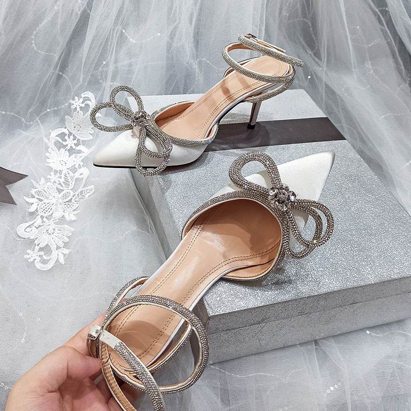 Rhinestone Bow Sandals Women's Lace-up Buckle Satin Hollow Stiletto Pointed Toe High Heels - Mubimart