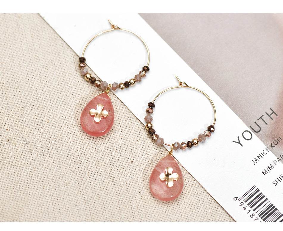 Women Fashion Natural Stone Hoop Earrings With Pink Waterdrop Stone - Mubimart