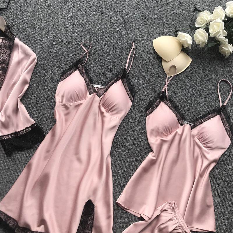Silk pajama four piece set - Mubimart