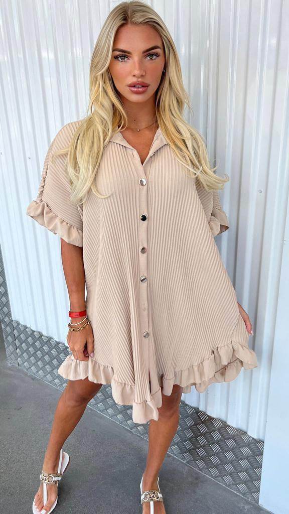 Summer Solid Color Shirt Dress Ruffle Sleeve Irregular Shirt Dress - Mubimart