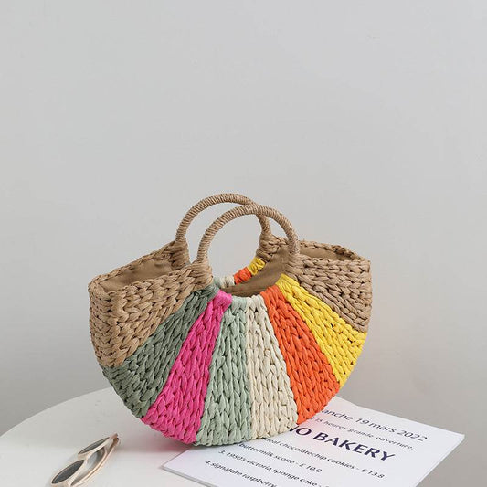 Beach Vacation Rainbow Straw Beach Bag - Mubimart