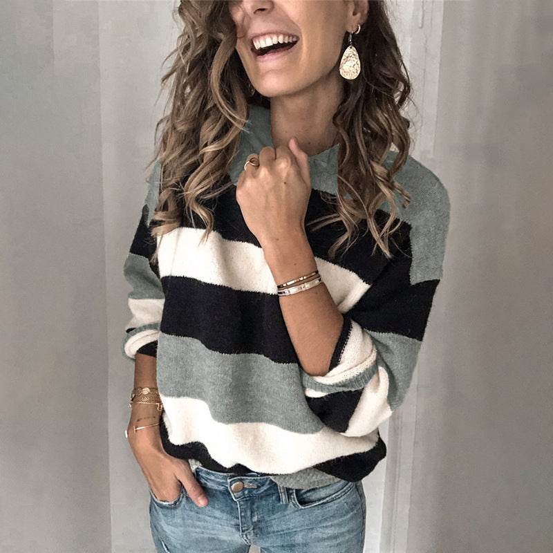 Plus size women's contrast striped sweater - Mubimart