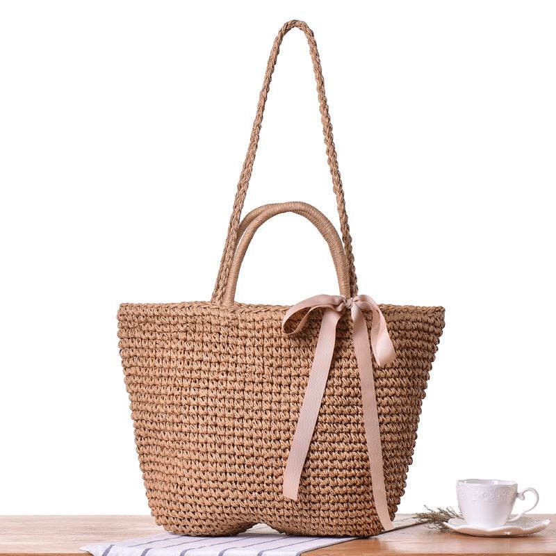 Round Straw Bags Women Summer Rattan Bag Handmade Woven Beach Cross Body Bag - Mubimart