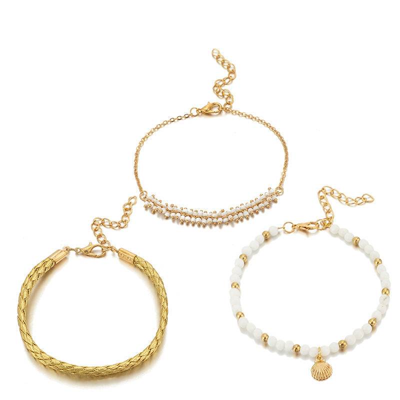 Alloy Rice Beads Tassel Shell 3 Set Anklets - Mubimart