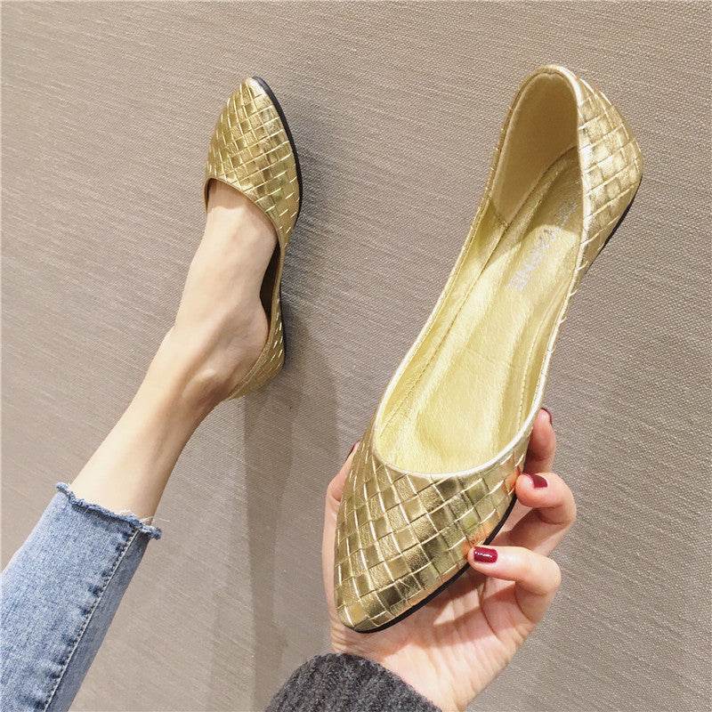 Women's Woven Golden Silver Flat Pointed Toe Shoes - Mubimart