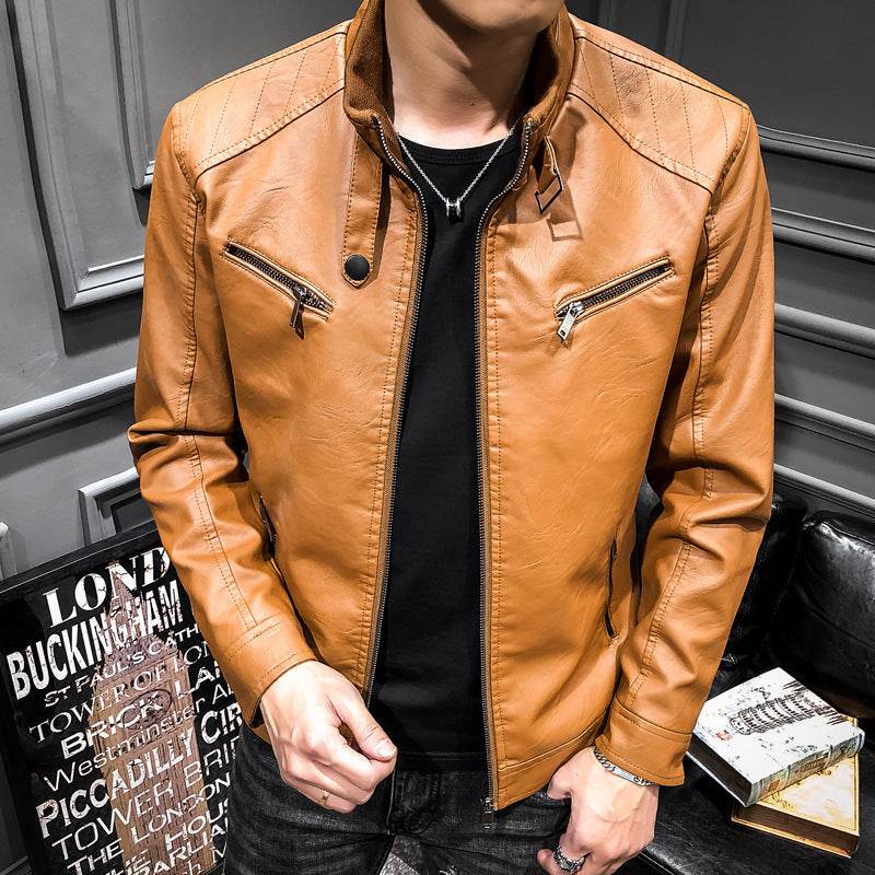 Leather jacket men's leather zipper cardigan men's jacket - Mubimart
