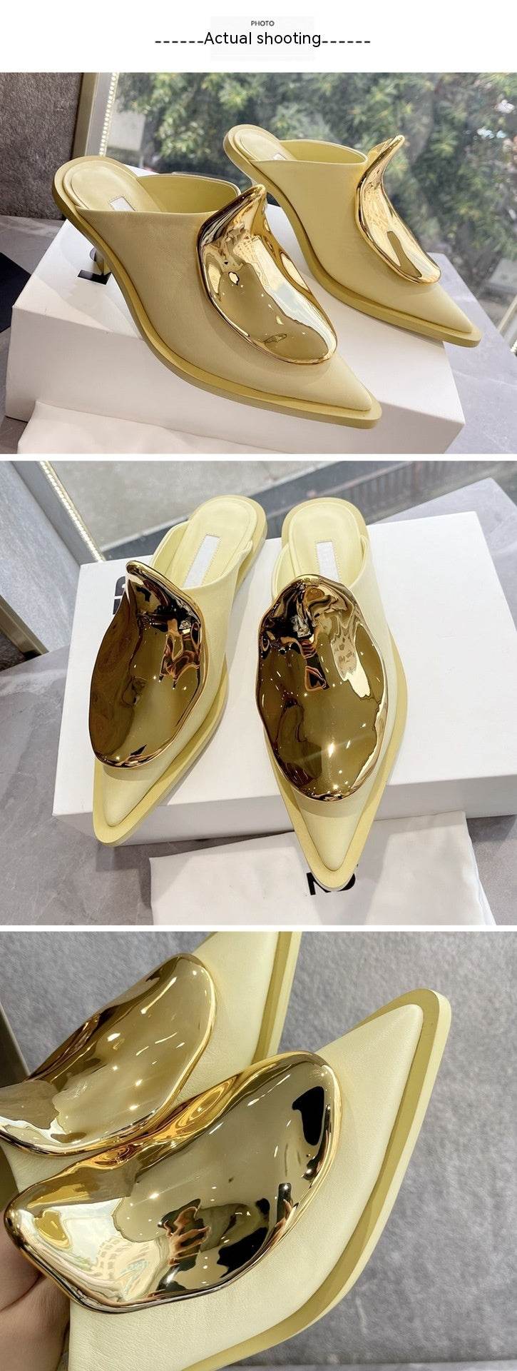 French Style Pointed Toe Kitten Heel Muller Closed-toe Slippers Metal Decoration - Mubimart