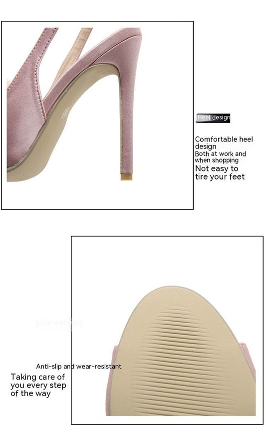 Gentle Hairy Ball Satin Fish Mouth Women's High-heeled Sandal - Mubimart