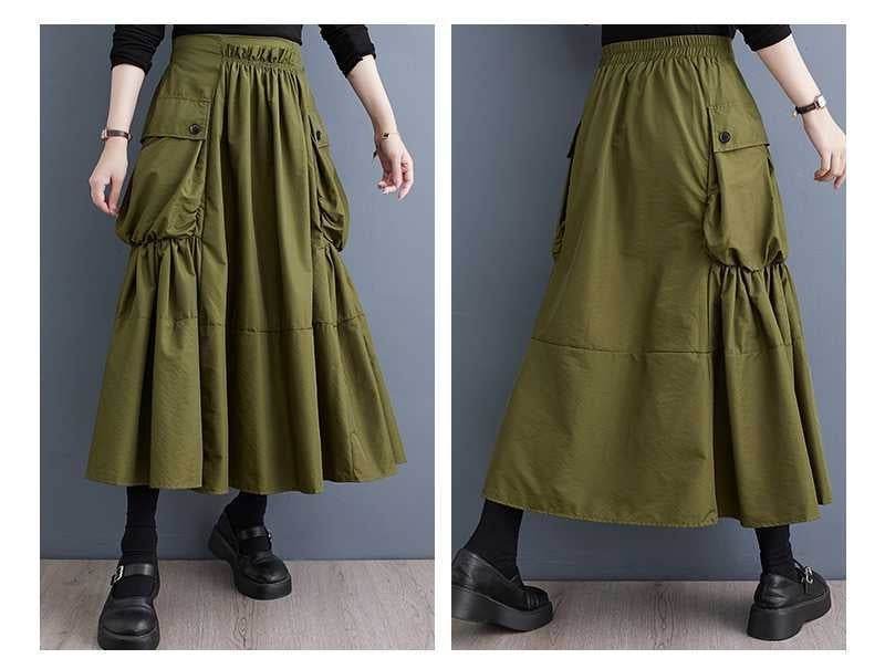 Loose Slimming Workwear Large Pocket Large Hem High Waist Pleated Skirt - Mubimart