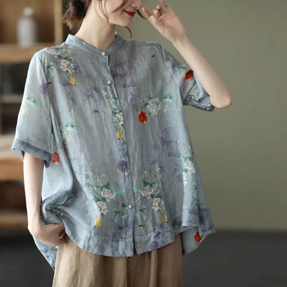 Vintage Digital Printed Cotton Linen Blouse For Women - Mubimart