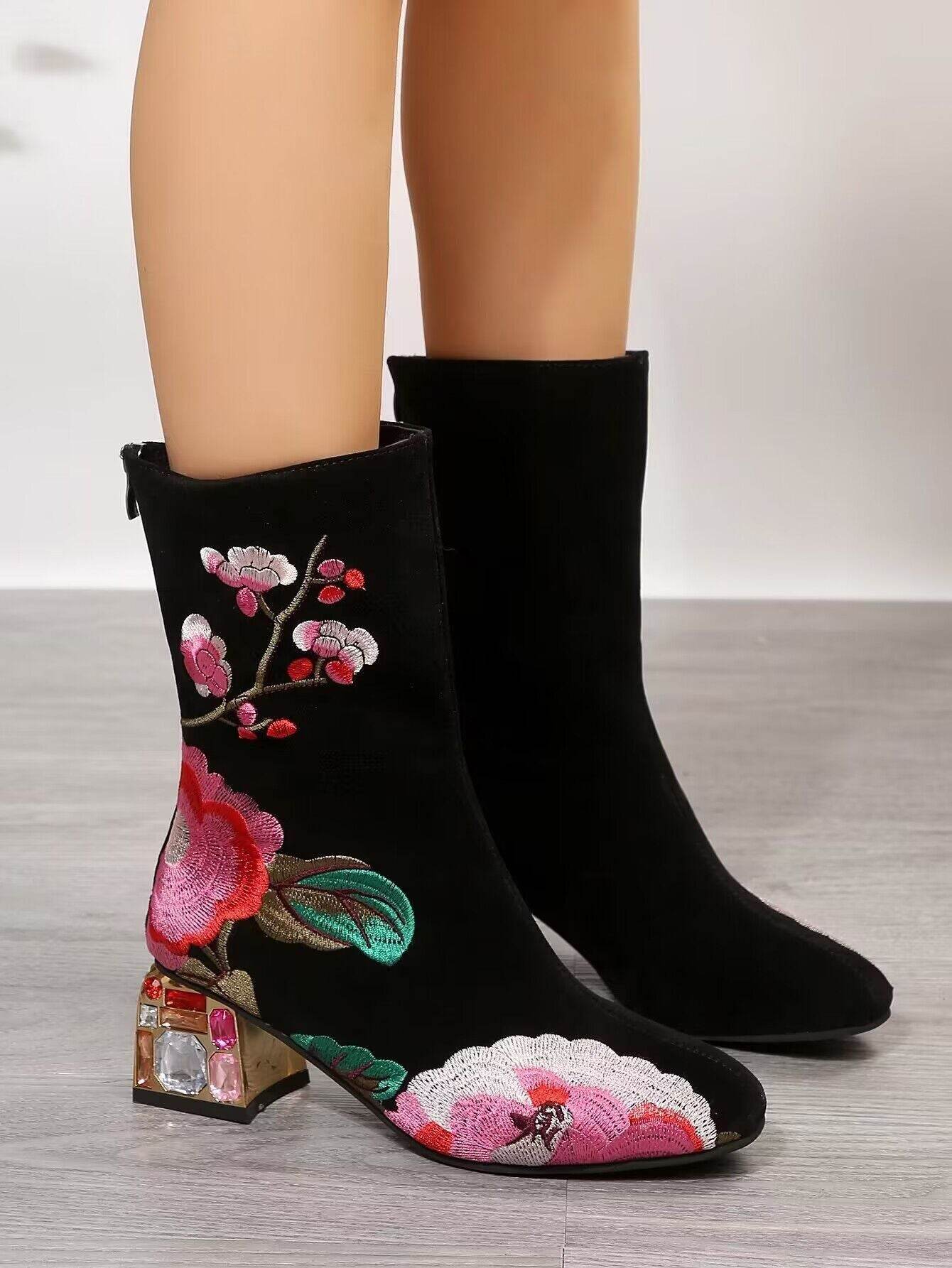 Flower Mid-calf Vintage Embroidery Autumn And Winter Women's Boots - Mubimart