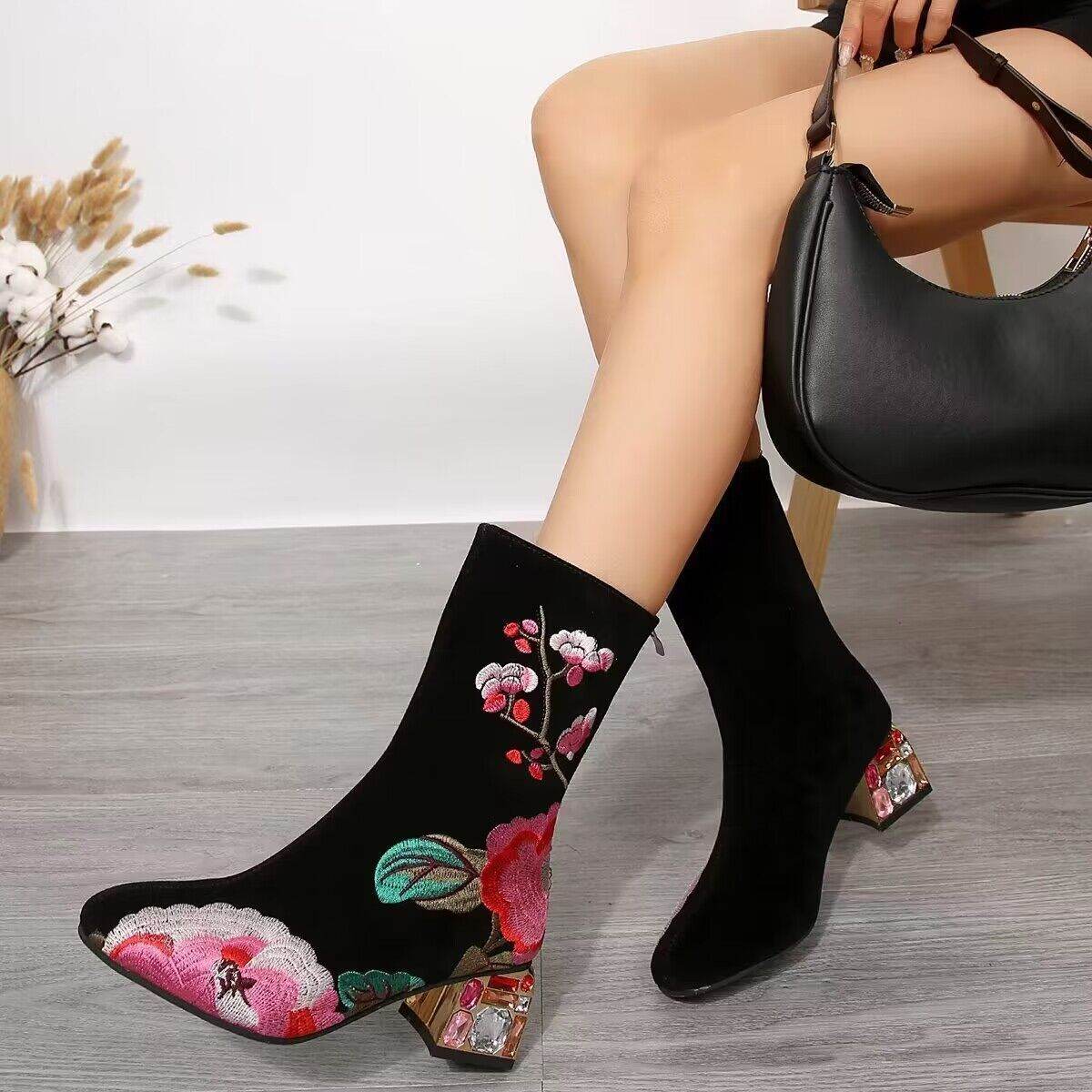 Flower Mid-calf Vintage Embroidery Autumn And Winter Women's Boots - Mubimart