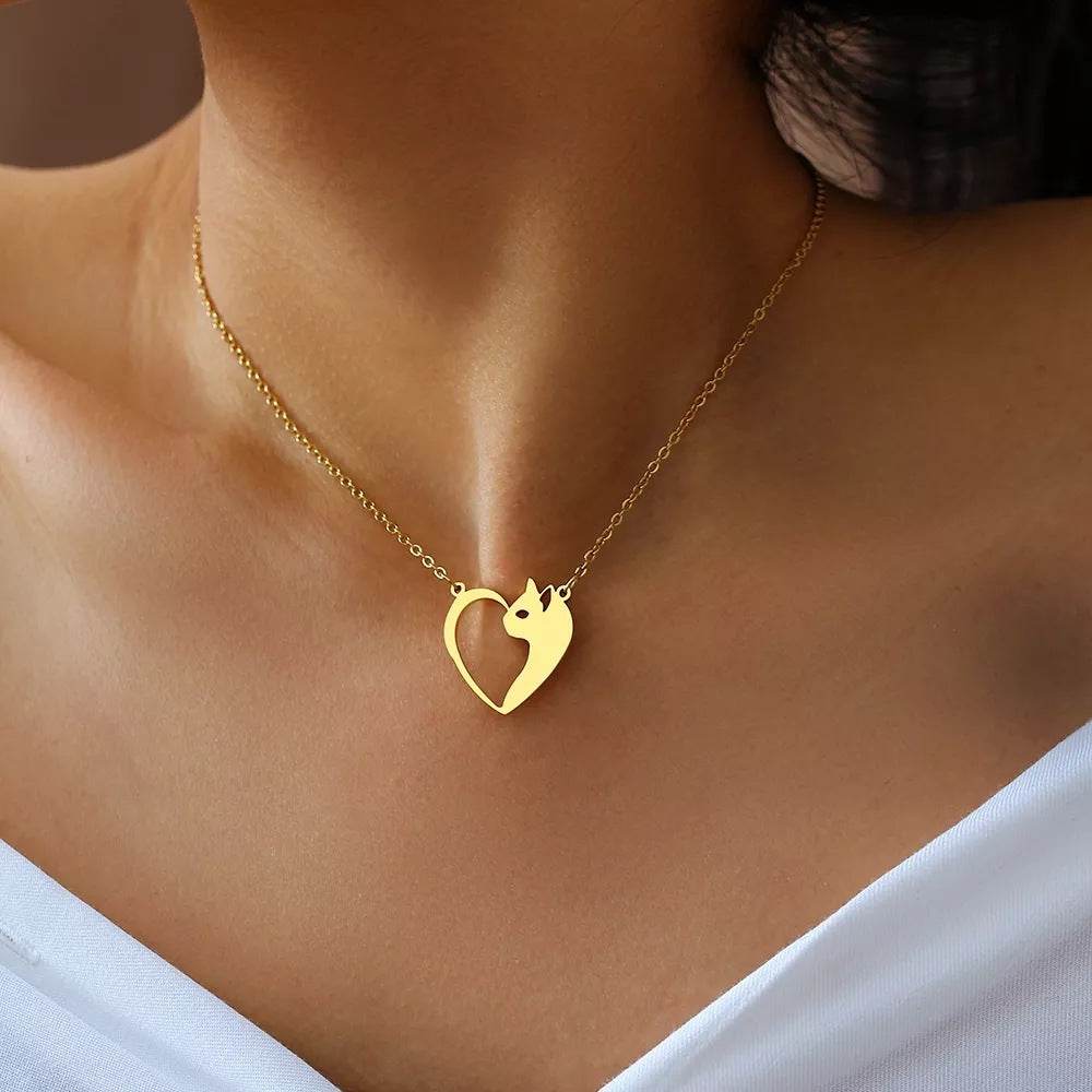Women's Fashion Jewelry Stainless Steel Necklaces Heart Cat Hollow Pendant Choker Clavicle Chain Charm Fashion Necklaces For Women Jewelry Girls Gifts - Mubimart