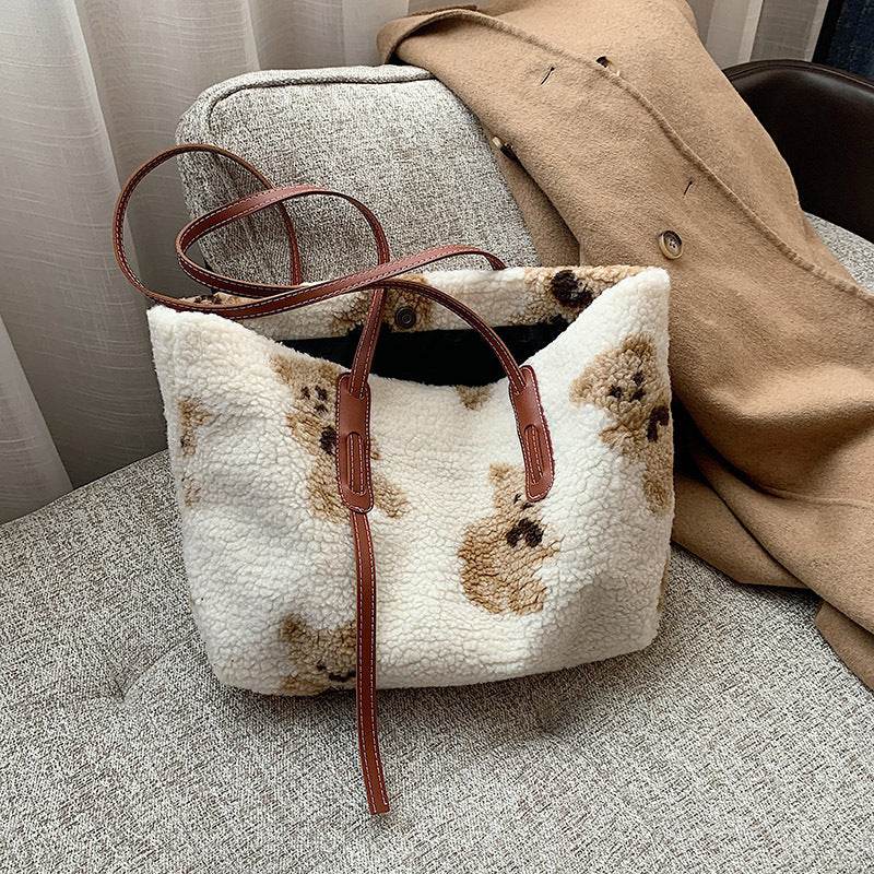 Women Cute Bear Plush Shoulder Bag Large Tote Handbag Purse - Mubimart