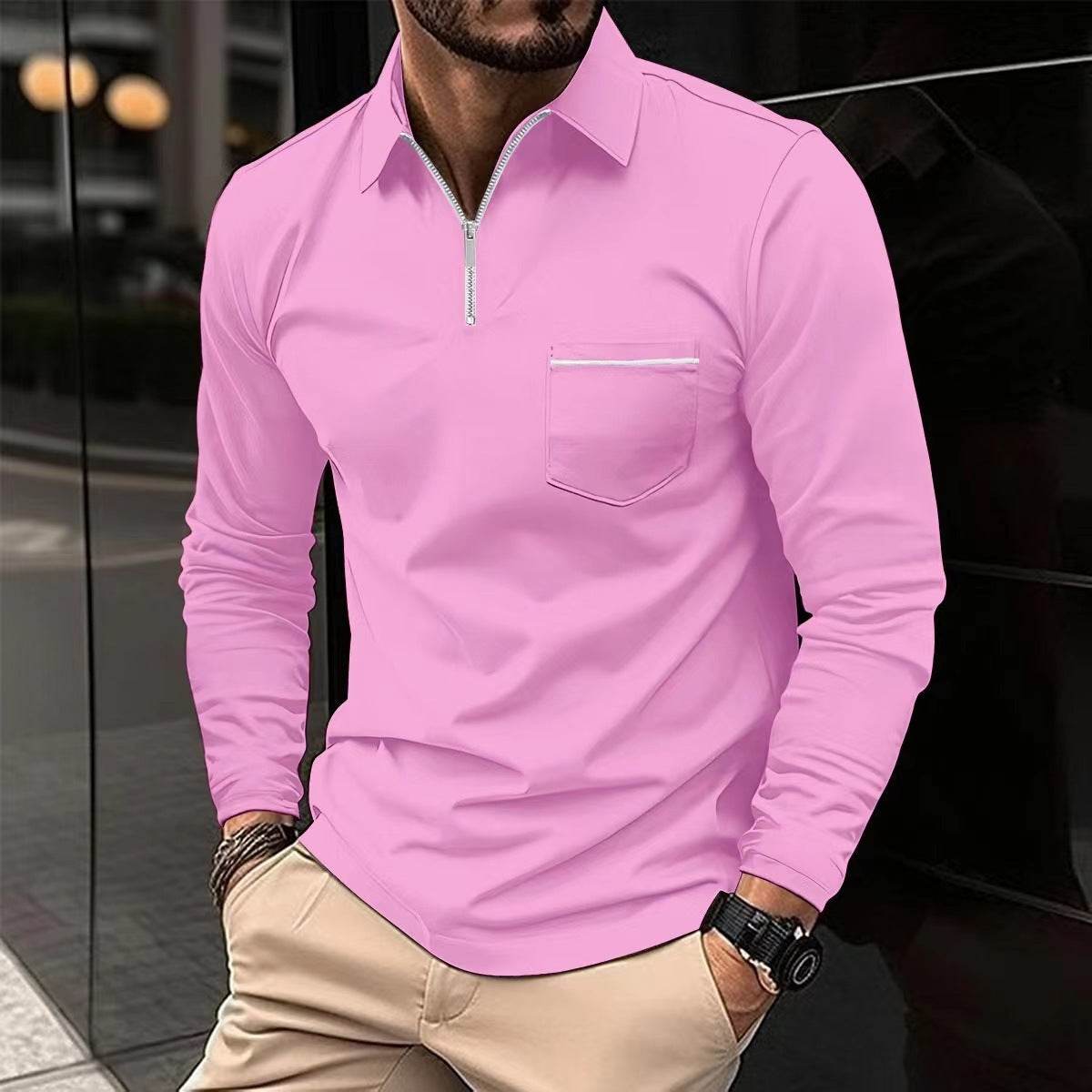 Autumn Polo Shirt Zipper Men's Long Sleeve Polo Shirt - Mubimart