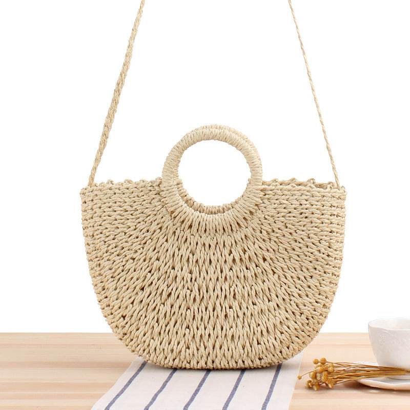 Round Straw Bags Women Summer Rattan Bag Handmade Woven Beach Cross Body Bag - Mubimart