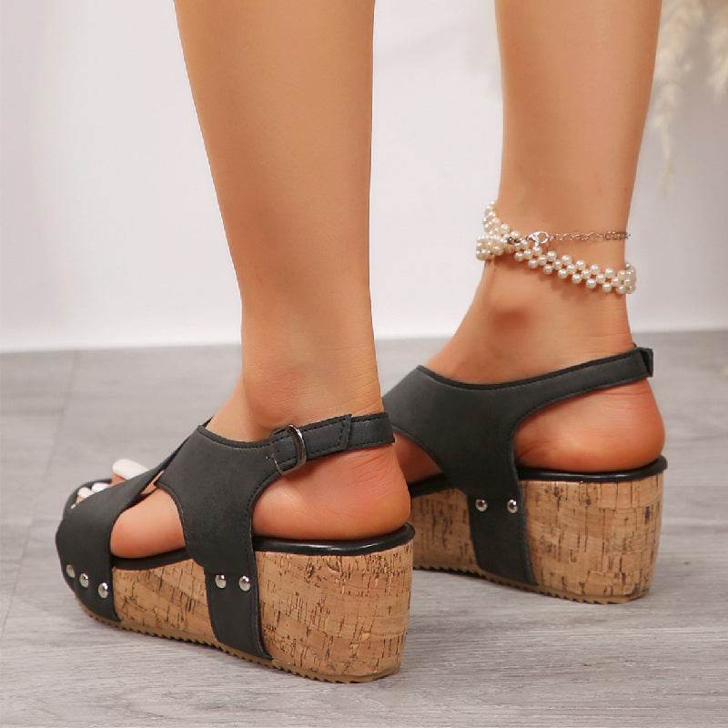 Women's Rivet Wedges Snadals Thick Bottom Fish Mouth Shoes Summer - Mubimart