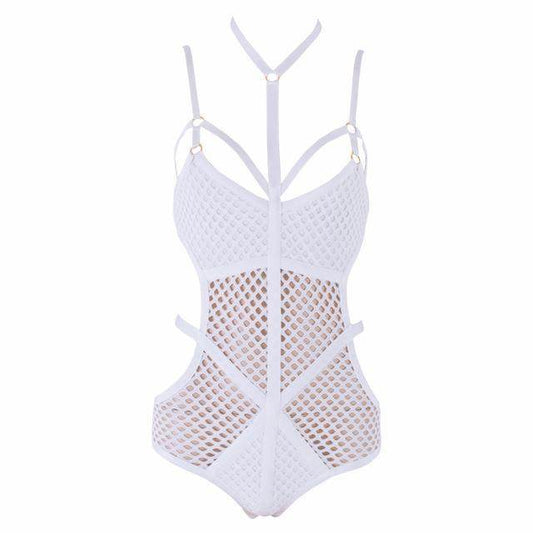 Black Rayon Cross Halter Neck Grid Perspective Knitted Sexy Ladies New Fashion Bodycon Bandage Bodysuits - Mubimart